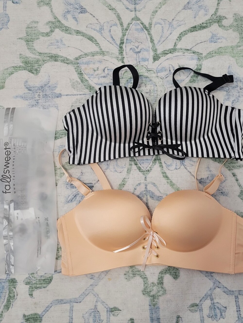 Striped Black & White Lace-Up Strapless Bra and Nude Lace-Up Convertible Bra Set